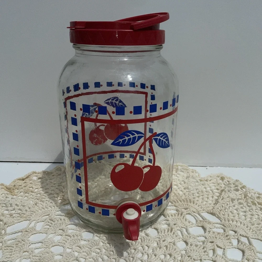 Vintage MCM Sun Tea Glass Beverage Dispenser Jar 1 Gal. Cherries Anchor Hocking